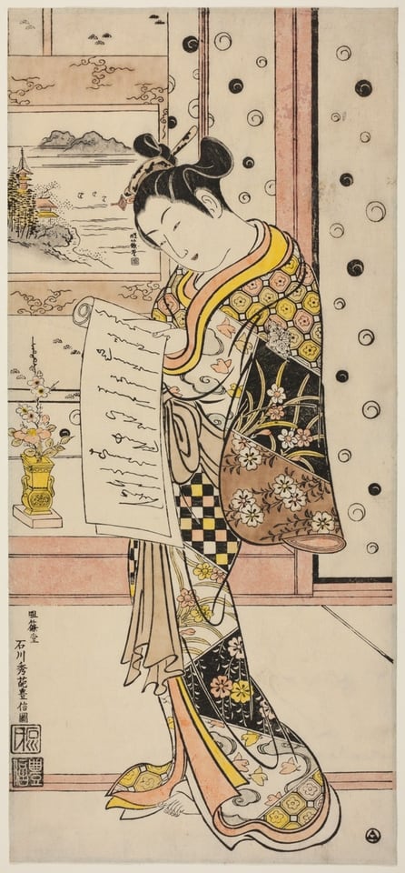 A work made of hand-colored woodblock print; toku-oban, urushi-e.