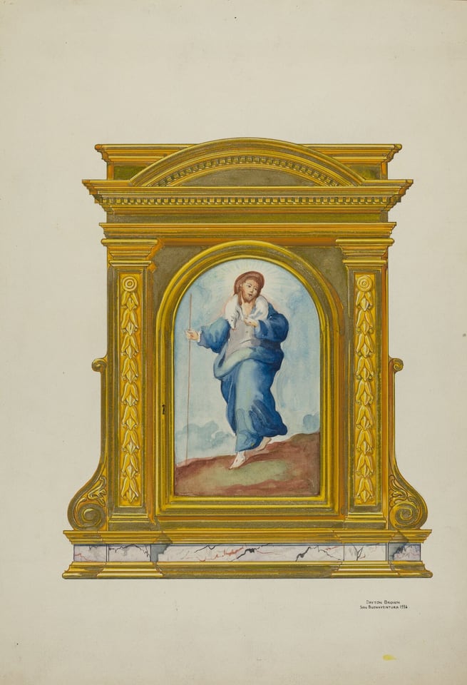 The image shows a painted artwork within an ornate frame. The artwork features a figure standing with one hand raised. The figure has long hair and a beard, and wears flowing blue and white garments. The background shows an earthy surface and a sky. The frame is gold and elaborately designed. The scene is set against a blank, light-colored background.