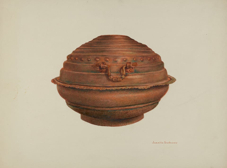 The image depicts a large, round, domed container with a handle on its side. It has a textured and layered appearance with a central band. The color palette consists of various shades of brown and some orange tones. The container is centered in the image with the handle facing towards the viewer. The name "Janetta Badanes" is visible near the bottom right of the image.