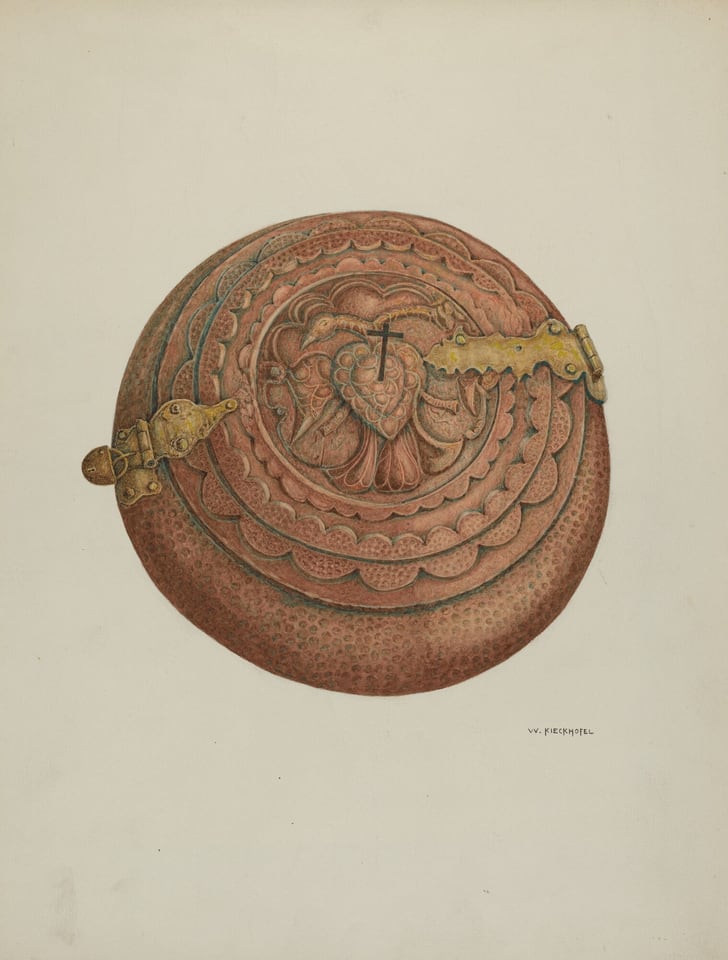 The image features a round, ornately decorated object resembling a shield with metallic-looking decorative hinges on its surface. The color palette is primarily earthy tones such as brown, red, and hints of gold. The object is centered in the image, viewed from the front, with engravings decorating its surface. The background is plain and light in color.