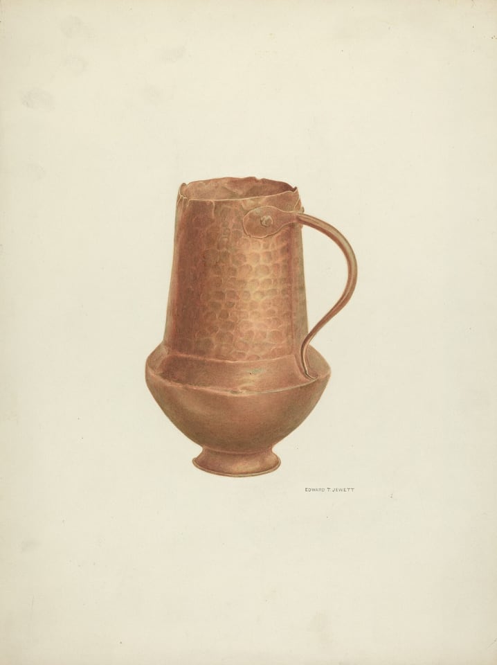 The image shows a large, copper-colored pitcher with a hammered texture and a curving handle on the right side. The color palette consists of muted, warm tones of copper and brown against a pale beige background. The pitcher is centrally placed in the image, with its handle positioned on the right side.