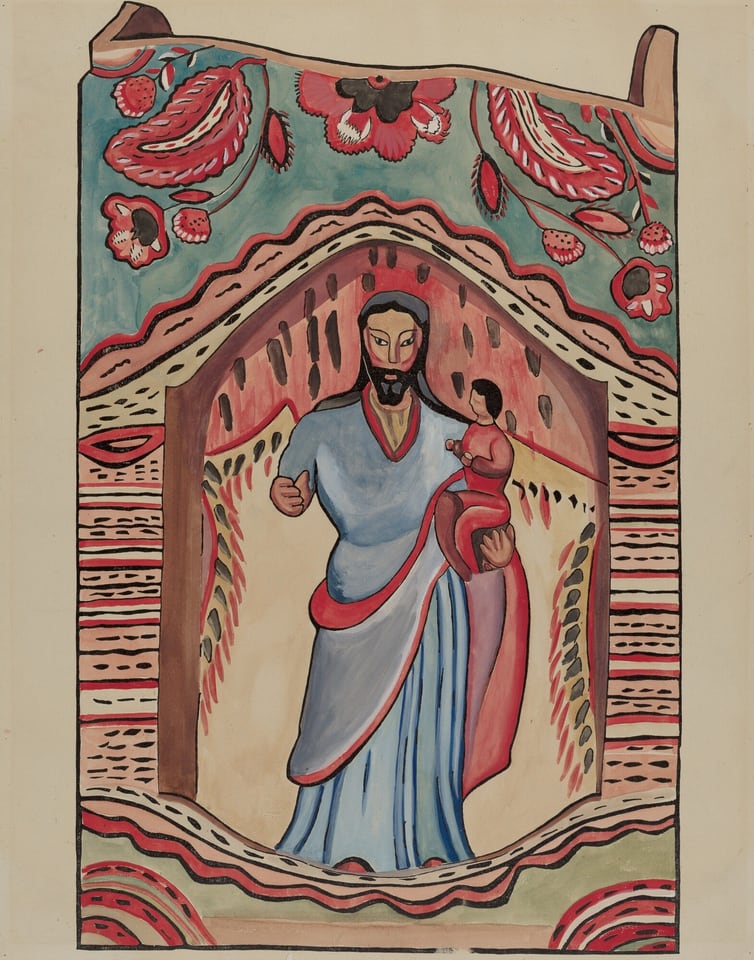 This is a painting of stylized figures within an ornate frame. The artwork features two central figures that are reminiscent of a traditional religious iconography but rendered in a simplified and almost cartoonish form. The larger figure is draped in blue with red accents, while a smaller figure is held in one hand, enrobed in red. The background is decorated with a variety of patterns including an arch-like structure with wavy designs and lines, all outlining the central figures. The outer sections feature floral patterns with bold, contrasting colors of red, black, and teal. The use of thick outlines and vivid colors suggests a playful and decorative approach to the portrayal of the figures, drawing inspiration possibly from folk art traditions.