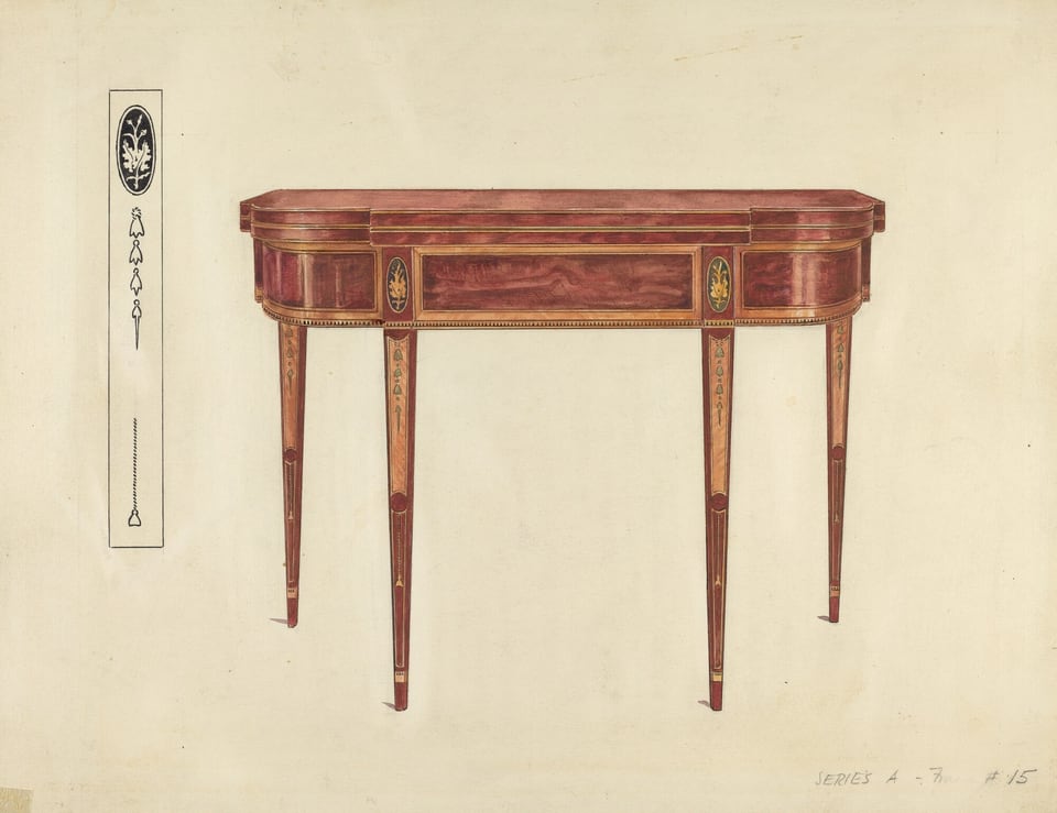 The image shows a wooden side table with a smooth surface and four tapered legs, as well as a decorative drawer front. The table has a rich brown color with gold accents and black inlay details. It is positioned towards the center of the image. On the left, there are design patterns in an oval shape and a thin line drawing. The background is off-white. There are handwritten numbers and letters at the bottom right corner of the image.