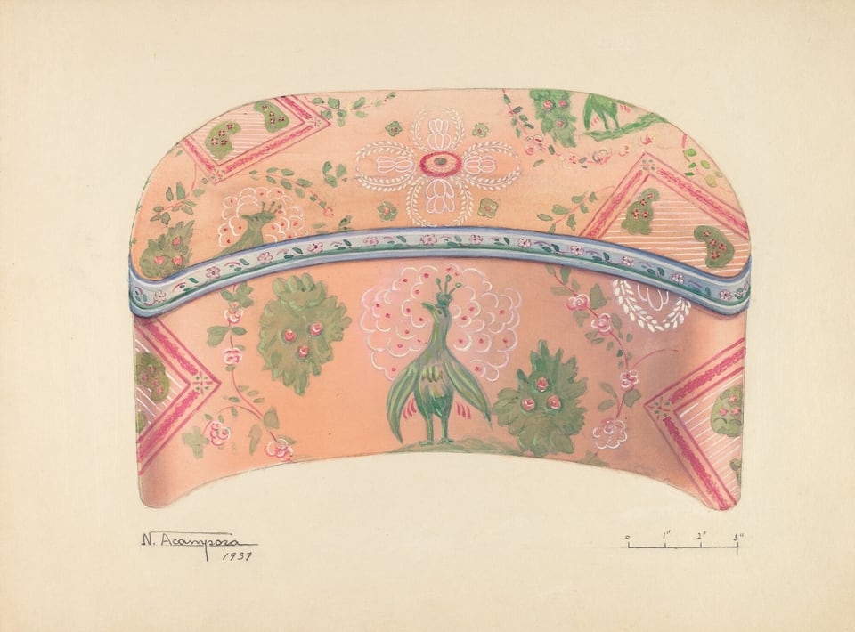 The image shows a decorative curved object with intricate patterns. There is a large green peacock motif in the center, surrounded by floral and geometric patterns. The color palette includes soft pinks, greens, and blue accents outlining the curve of the object. The object is placed on a plain light background.