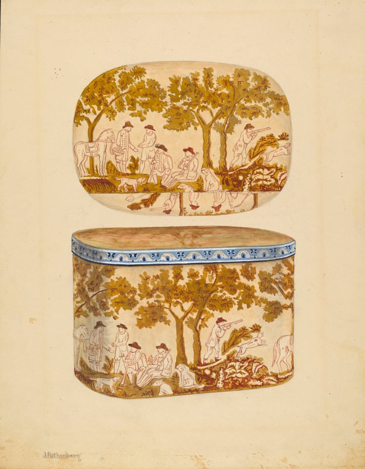 This is a painting of a decorative box with pastoral scenes. The box has an oval lid and rectangular base adorned with intricate pastoral scenes in earthy tones. The scenes depict landscapes with trees, hills, and figures engaged in various activities against a warm backdrop. The lid has a similar scene, creating a cohesive decorative theme. The style resembles 19th-century European art focusing on pastoral genre scenes and decorative arts. The artwork delicately balances detail and composition, evoking calm and nostalgia.