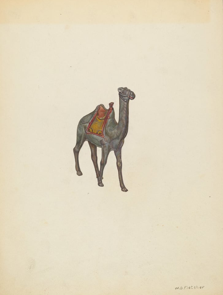 This is a painting of a camel with a colorful saddle. The camel is centered in the image, standing against a plain, light-colored background. The animal is drawn with careful attention to detail, showcasing its distinctive humps, elongated neck, and slender legs. It is adorned with a vibrant saddle that features bright orange and red tones. The simplicity of the background emphasizes the camel.