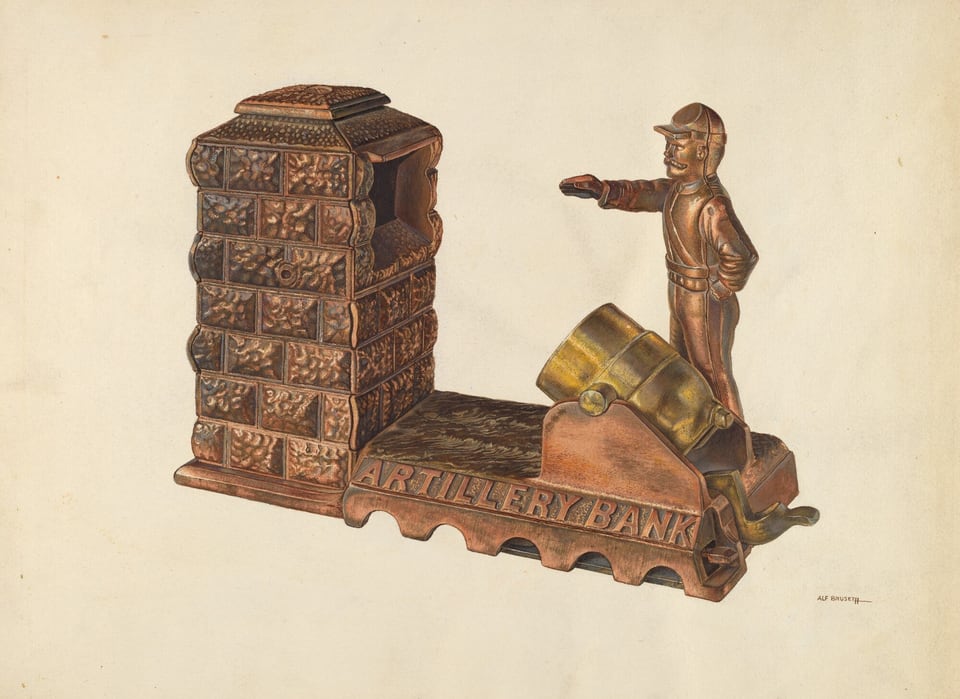 The image displays a vintage mechanical bank with a brick-patterned tower on the left and a soldier figure on the right, prepared to operate a cannon. The color scheme is mainly earthy tones including brown, bronze, and hints of gold, creating a retro metallic appearance. The label "ARTILLERY BANK" is engraved on the base in front of the cannon.