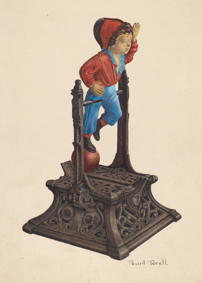 The sculpture depicts a young boy dressed in a bright red coat, blue shirt, and blue pants, with black shoes. He is wearing a black hat with a red rim and has curly hair. The boy is balanced on one foot atop a red ball, with one leg lifted behind him and one hand held high above his head. The sculpture is made of painted, cast metal with intricate designs and textures. The boy stands on an ornately decorated dark pedestal.