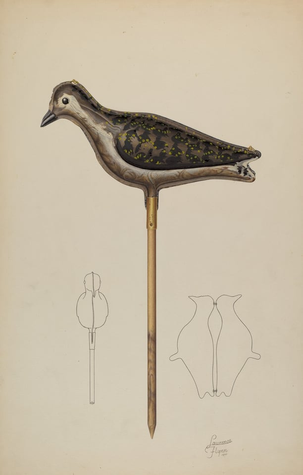 The image shows a painted decoy of a bird mounted on a wooden stake. The decoy has intricate details with spots of yellow and green on top of a dark body. The colors are naturalistic with brown, black, yellow, white, and beige. In the lower left section of the image, there are two line drawings of a bird.