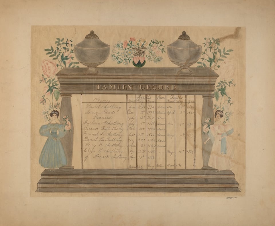 This is a drawing of a decorative family record. The central feature is a structure resembling a classical monument or altar labeled "FAMILY RECORD" at the top. The structure has columns and a pediment with names and dates. Flanking the list are two figures holding flowers, dressed in long gowns of blue and white. Above the structure are two large urns and a floral arrangement with pink flowers and green foliage. The background is a soft, neutral color. Green leaves and small flowers further embellish the scene.