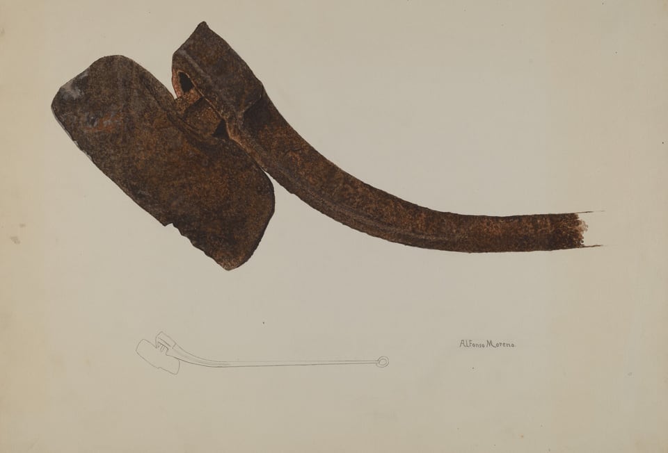 The image shows a large, rusted ax with a curved brown handle placed diagonally across the canvas. The color palette consists of muted browns and beiges, highlighting the aged appearance of the ax. Beneath the ax, there is a faint outline sketch of a similar object, and the artist's signature is located to the right of the sketch. The ax is in the upper half of the image, while the sketch and signature are in the center-bottom section.