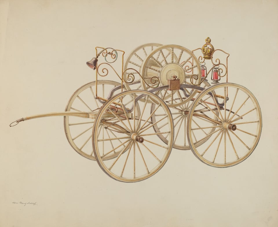 This is a painting of a vintage fire hose cart. It is intricately designed, featuring a four-wheeled cart meant to hold a coiled fire hose. The painting showcases the cart's wooden spoked wheels and hose mechanism, as well as ornate wrought iron designs and a brass figure. A bell is depicted above one wheel. The painting captures the craftsmanship of the era and is reminiscent of the style of Charles Demuth, known for his attention to detail and focus on industrial and architectural elements.