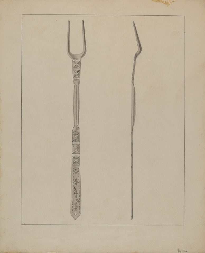 This is a drawing of a tool with intricate patterns. The tool appears elongated with a pronged end, and features symmetrical geometric designs etched along the handle. The drawing also includes a side profile showing its slender form.