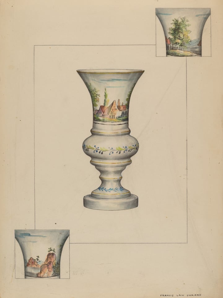 The image shows a large, intricately designed vase with a bulbous base and flared top at the center. The vase is decorated with painted scenes of a town or village. The color scheme includes shades of blue, green, brown, and touches of yellow and red. Surrounding the vase are two smaller detailed sections showing close-ups of the painted scenes on it. The main vase image is enclosed within a boxed outline on the page.