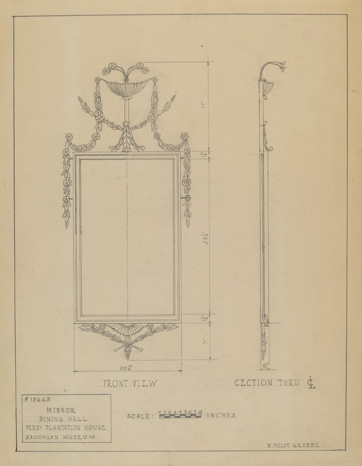 This is a drawing of a decorative mirror. It presents a detailed design of an ornate mirror with two views: a front view and a sectional view. The mirror frame is embellished with elaborate motifs, including scrolls and floral elements. The sectional view shows the mirror's depth and structural details, indicating attention to construction. Measurements are included in inches, with title and notes providing context on the mirror's location and purpose as part of interior furnishings.