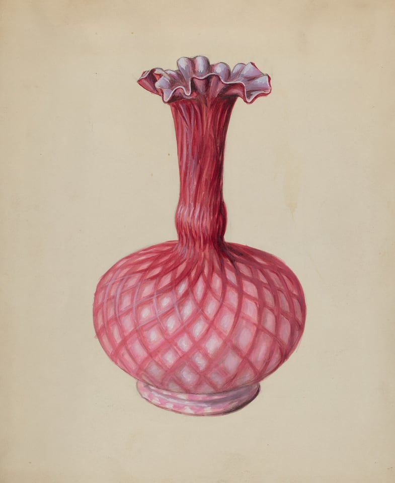 The image displays a single ornate vase with a bulbous base and a ruffled top, taking up most of the frame. The vase is predominantly pink with red accents, the ruffled top is highlighted with white on the inner edges, and there's a crisscross pattern visible on the body. Against a plain beige background, the vase is centrally positioned.