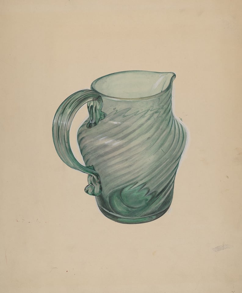The image shows a translucent pitcher in soft, pale green with swirling, striped patterns and a curved handle. It is placed in the center of the frame, with a neutral off-white background. The spout faces slightly to the left and the handle curves from the right side.