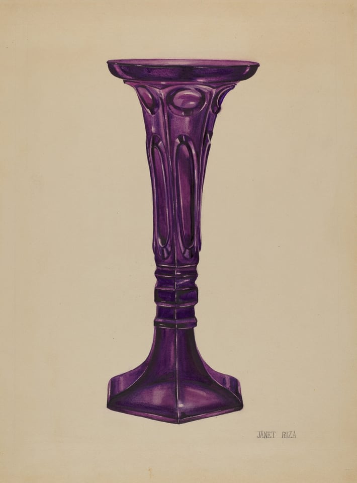 The image shows a tall, intricately designed purple candlestick against a light beige background. The overall color palette is dominated by shades of purple. The candlestick is centrally positioned and stands upright with detailed patterns visible.