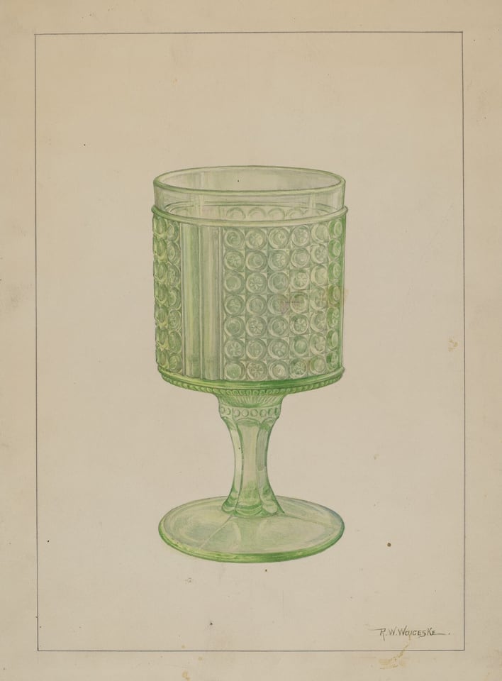 The image shows a green glass goblet with a textured, bubble-like pattern on the cup and a smooth stem. The color palette consists of shades of green with varying tones, depending on the glass's thickness and pattern. The goblet is positioned centrally, seen straight-on with the cup's pattern visible across its surface. It rests on a flat surface, slightly above the center of the image.