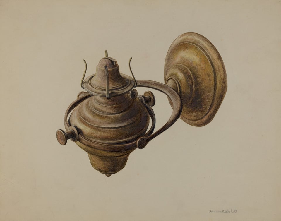 The image displays a detailed drawing of a vintage wall-mounted lamp. The color palette consists of primarily browns and earthy tones, with hints of a metallic sheen. The lamp is centered in the image, with its base attached to the right side and extending to the left. A subtle shadow and highlights give the lamp a three-dimensional appearance against a plain, light beige background.