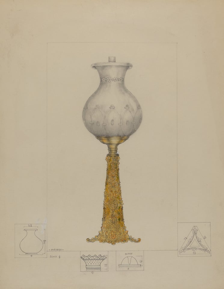 This is a drawing of a decorative vase design. The central focus of the image is a detailed drawing of a vase with a bulbous body and a flared top, placed on an intricately designed tall stand. The stand features elaborate ornate patterns, giving it an almost floral appearance with its swirling details and golden hue. The vase itself has subtle decorative elements engraved or painted around its surface. Surrounding the primary image are additional sketches showcasing different parts and views of the vase, such as its profile, the pattern, and cross-sectional diagrams. These supplementary sketches provide further insight into the structural and decorative design aspects of the vase. The careful attention to scale and detail suggests this is a design blueprint for a piece of decorative art.