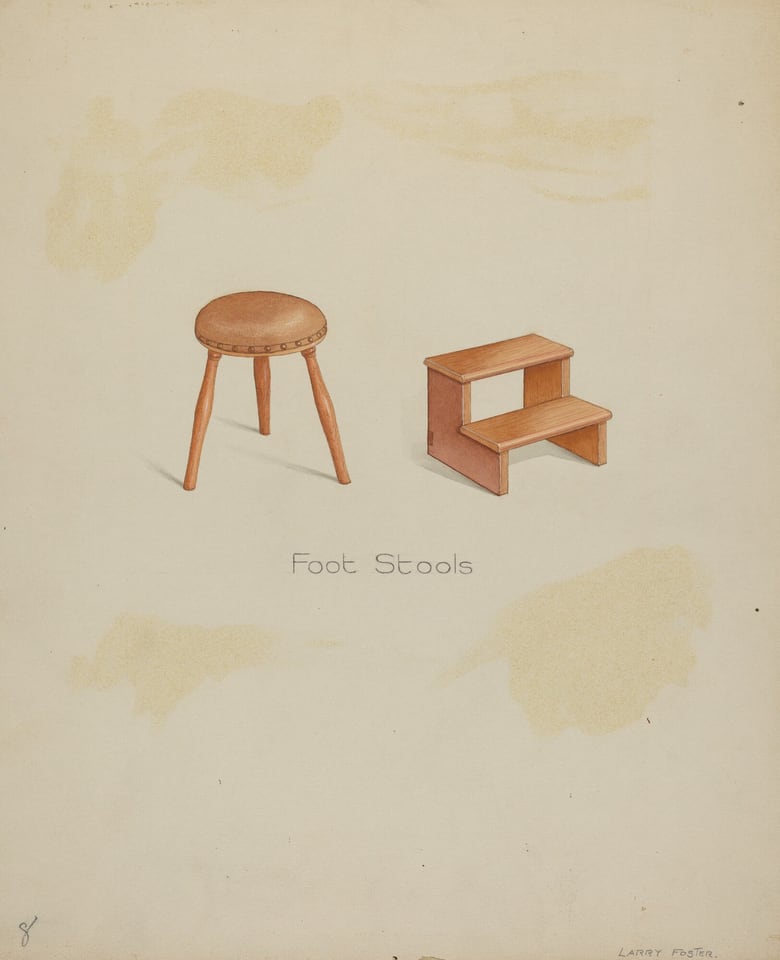 The image shows two foot stools. One is a round stool with four legs and the other is a small two-step wooden staircase. The color palette includes shades of brown and tan against a light beige background. The round stool is positioned to the left, and the step-stool is to the right. Both are labeled with the words "Foot Stools" below them.
