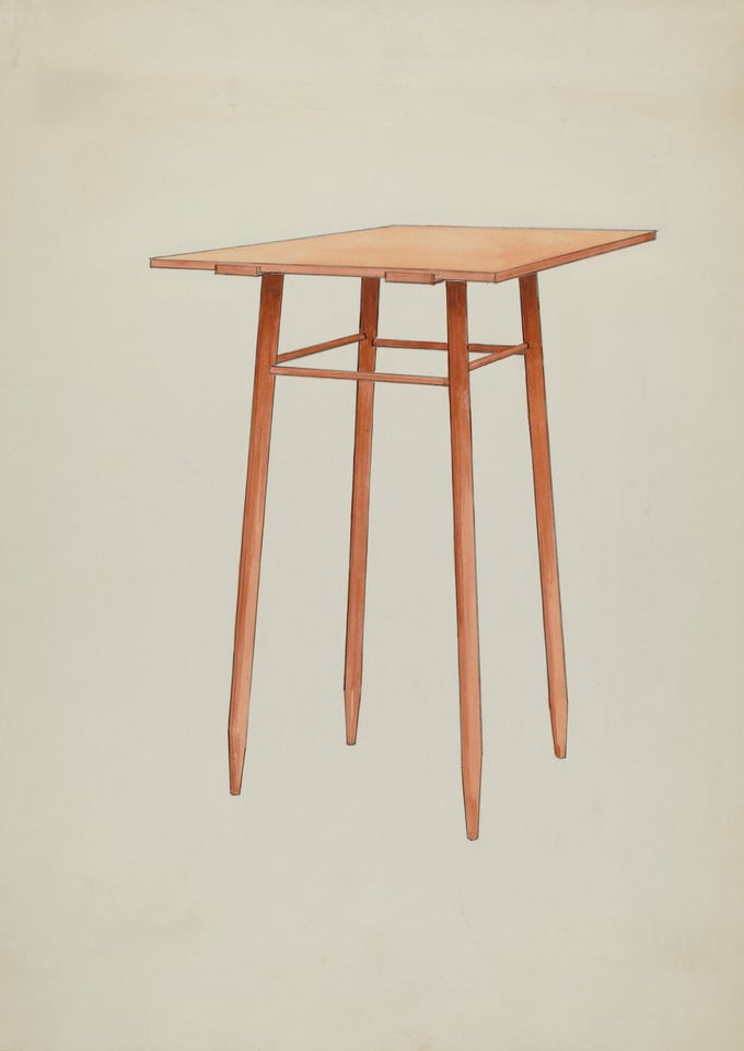 The image shows a tall, narrow wooden table with a square top and four long, slender legs. The color palette is warm with shades of light brown and reddish-brown on the table. Positioned centrally, the table stands against a plain, light-colored background.