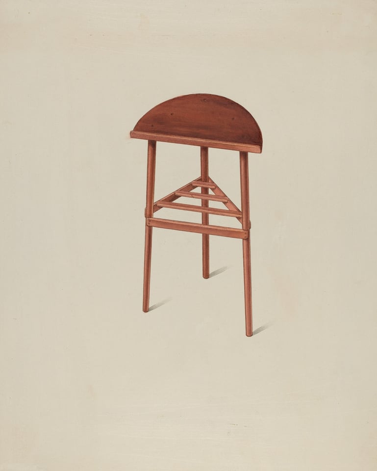 The image shows a wooden stool with a semi-circular seat on a light beige background. The stool has four slim legs and a primarily brown color.