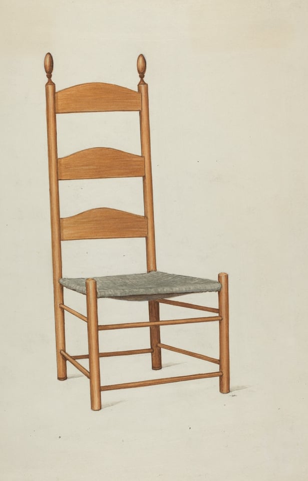 The image shows a wooden chair with a tall back featuring three wide horizontal slats. The chair has an upholstered seat, likely grey or muted in color. The color palette consists of natural wood tones and a neutral seat color. The chair is facing slightly to the left with the seat slightly tilted.