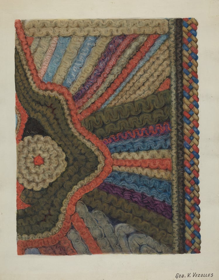 The image displays wavy lines and shapes with a mix of colors, creating an abstract composition. Curved lines are intertwined, resembling braided patterns or woven fabric textures. On the left, there is a large, organic shape bordered by red, green, and beige. The right side showcases a rhythmic pattern resembling a braided rug, with strands of red, blue, and brown. The overall composition resembles a textured textile piece.
