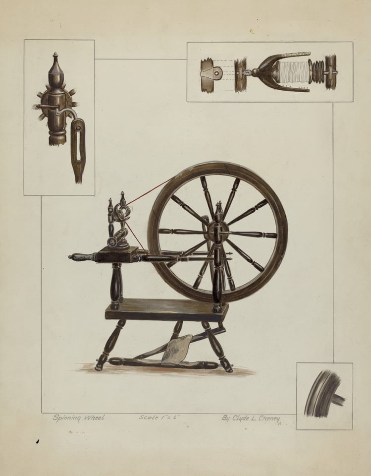 The image shows a spinning wheel with intricate details, surrounded by smaller insets highlighting specific components. The color palette consists of muted browns, greens, and beiges. The spinning wheel is positioned in the center, with its circular wheel on the right and the spinning mechanism on the left. Detailed insets are placed around the spinning wheel, each showing different mechanical elements.