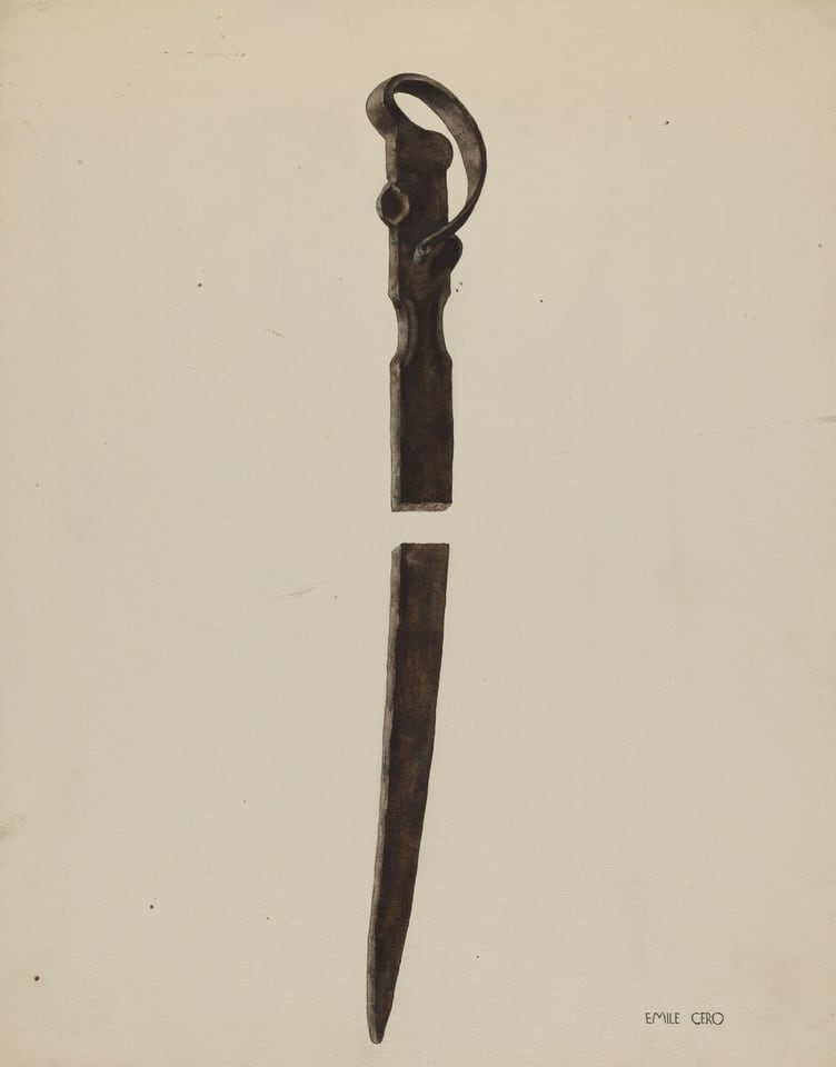 The image shows a dark metal object with two parts: a handle and a blade. The color palette consists of shades of dark brown on a light beige background. The handle is located at the top center, and the blade portion is positioned below it, both aligned vertically in the center of the frame.