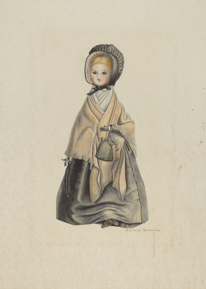 The image displays a full-body illustration of a person standing upright. They have a delicate and round face with rosy cheeks and small, pink lips. Their eyes are large and expressive, and they have light-colored hair peeking out from under a bonnet. The person's attire consists of a long, dark skirt and a light-colored shawl draped over their shoulders. They wear a hooded cloak tied with a bow at the neck, and hold a small bag in their left hand. The background is plain with a light-colored texture. The artwork is a painted illustration with visible fine lines and shading to enhance details of the clothing and facial features.