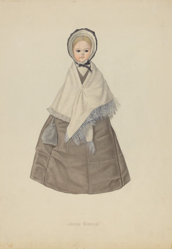 The image depicts a young person standing upright with distinct facial features including rounded cheeks, a small mouth, and large eyes. They are wearing a brown dress with a cream-colored shawl, a bonnet with dark trim, and a pouch hanging from their left side. The background is plain and cream-colored.