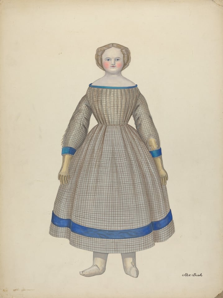 The image depicts a person standing upright. The person has a round face with a small mouth and rosy cheeks, and their hair is styled smoothly with a middle part. They are wearing a long-sleeved dress with a checkered pattern in subdued colors, highlighted with blue bands around the sleeves and hem. The dress has a fitted bodice and a full skirt. Bare feet are visible under the dress. The background is plain and neutral, and there is a signature in the lower right corner.