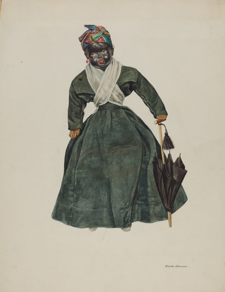 The image depicts a person standing upright. They are wearing a dark green dress with long sleeves and a floor-length skirt. Over the dress, there is a white fabric wrapped around their shoulders. The person is holding a closed umbrella in their right hand. Their face is dark with distinguishable eyes and a nose, but specific facial features are not detailed. The person's hair is covered by a colorful headscarf with shades of blue, pink, and yellow. They are wearing large earrings, possibly pink or red. The background is plain and light with no additional objects present.