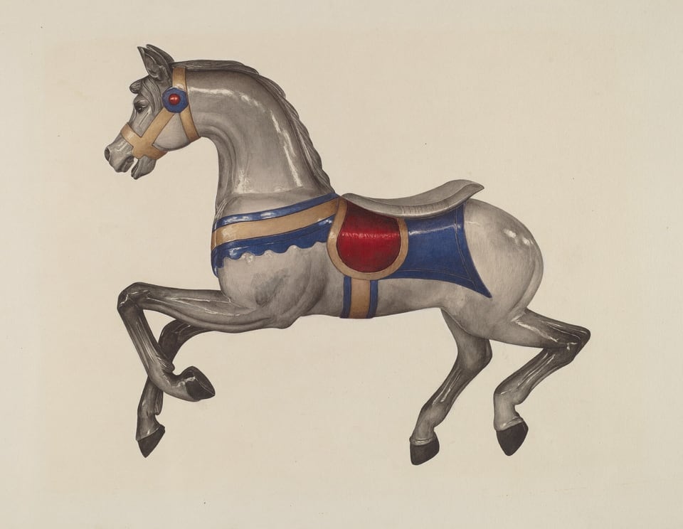 This is a painting of a carousel horse. The image shows a gray carousel horse with glossy highlights and shading. The horse has a blue and red saddle with gold bands, and a blue harness with red accents. The horse is mid-gallop, with animated legs. The background is plain to focus on the horse's design. The style is detailed and realistic, reminiscent of carousel art from the late 19th to early 20th century.