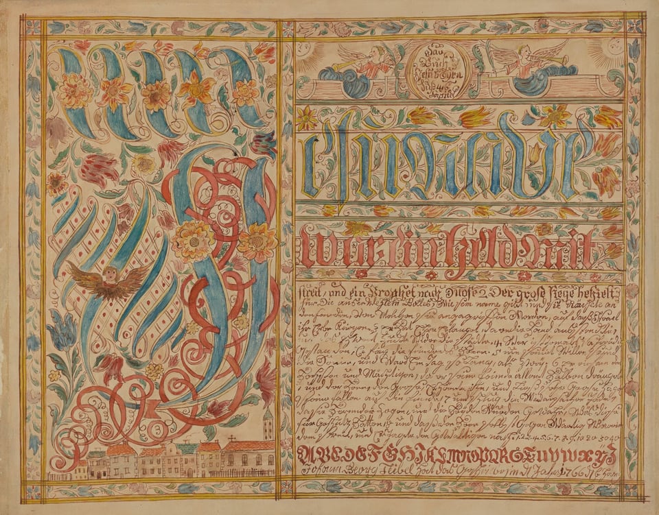 This is a painting of an intricate and colorful illuminated manuscript page. The full-description includes a richly decorated page featuring elaborate calligraphy and floral motifs. The left side showcases swirling ornamental patterns with vibrant colors - blues, reds, and golds - interwoven with blooming flowers and a small figure with wings. In the lower portion, there is a depiction of small buildings. The right side contains text in different styles, with the top section written in large decorative letters and the lower section in a more detailed script. The overall design is bordered with floral elements and intertwining vines. This is in the style of illuminated manuscripts found in historical European documents and books.
