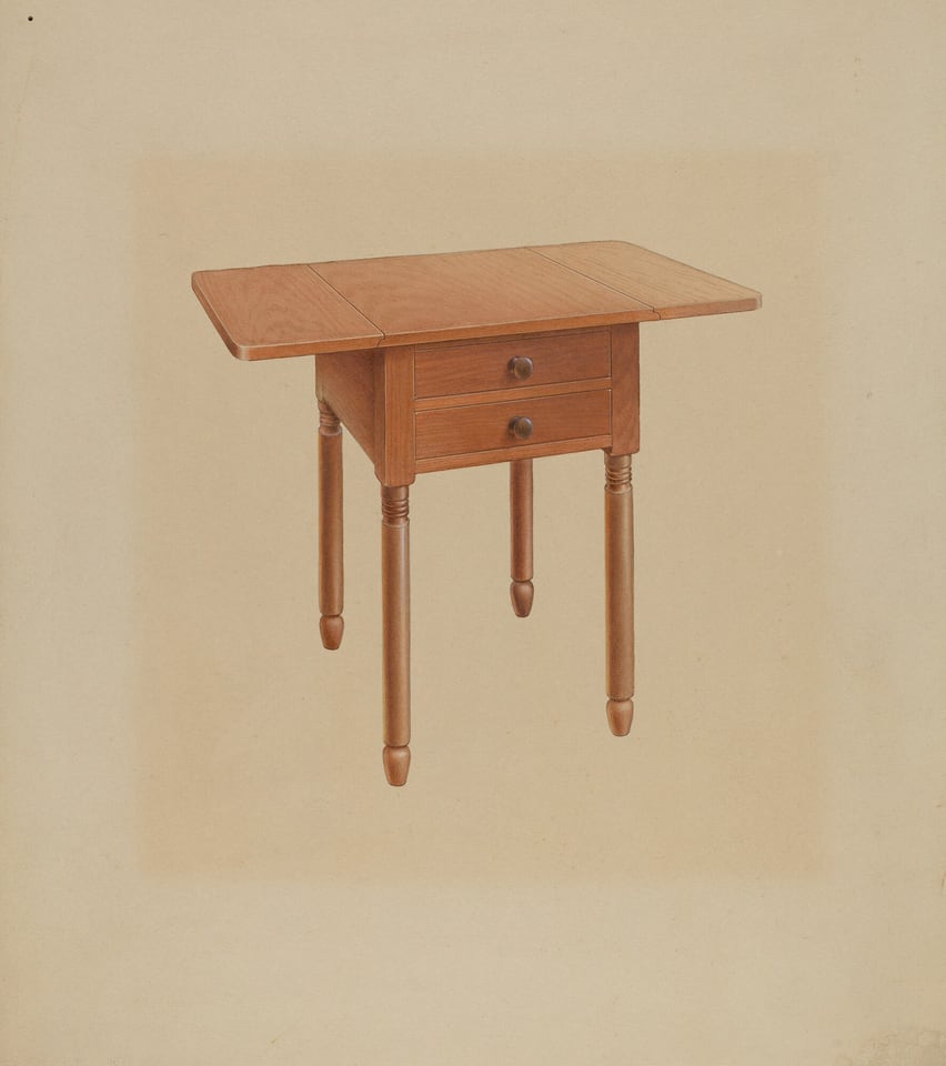 The image shows a wooden drop-leaf table with four turned legs and two drawers. The table's surface includes two side panels that can be raised or lowered. The color palette is warm brown tones. The table is centered in the image, with both leaves partially visible.