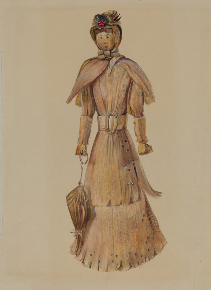 The image shows a person standing upright. They have a round face with simple facial features, wearing a hat with a red flower and dark ribbon. Their outfit includes a belted dress or coat, pleated texture, a cape, and arm coverings. The person is holding a matching umbrella in their right hand. The background is plain and light tan.