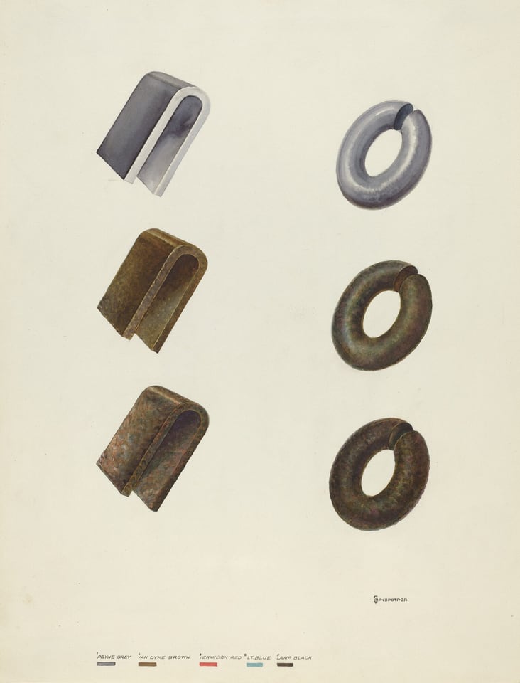 The image shows five metallic objects arranged in a vertical column. These include three L-shaped brackets and two circular rings, in muted gray and rust-brown shades with a metallic sheen. The objects are positioned against a light, neutral background.