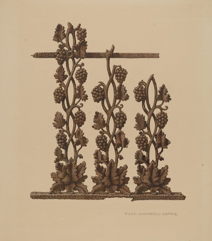 The image depicts an iron sculpture with grapevine motifs. The color scheme is primarily brown, with a textured appearance. The grapevine design is arranged vertically and includes grape clusters and leaves. The sculpture is mounted on a base and includes an iron bar at the top. The artist's signature "ROSE CAMPBELL GERKE" is visible in the lower right corner of the image.