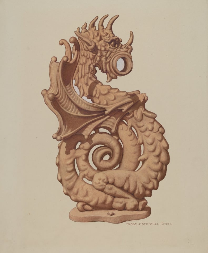 The sculpture depicts a mythical creature resembling a dragon. It has a long spiraled body and an intricate head with spiky protrusions. The sculpture is a warm brown color. The dragon has bat-like wings, an open mouth, detailed texture with scales, and is standing on a small base.