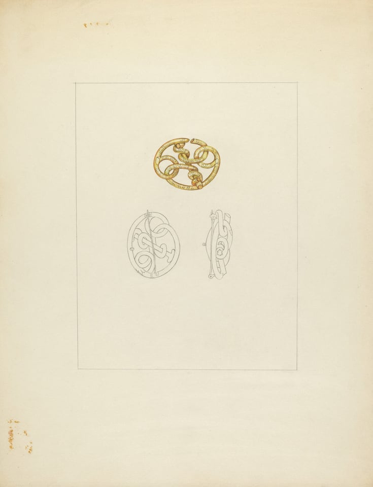 This is a drawing of decorative motifs. The image shows three distinct designs with ornate, swirling patterns. The uppermost design is in gold color. Two additional designs are sketched below in a lighter tone, likely pencil. The use of line and form emphasizes intricate looping patterns that suggest inspiration from natural forms such as vines or waves. The composition is against a plain background, drawing attention to the details and shapes of the motifs, presenting a sense of simplicity and artistry.