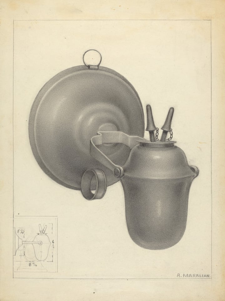 The image depicts a detailed drawing of a wall-mounted vessel. It consists of a large, spherical body attached to a flat disc, with two smaller protrusions resembling handles or clips. The color palette is monochromatic with shades of gray, giving it a metallic or ceramic appearance. The objects are centrally positioned, with a small inset illustration in the bottom left corner showing annotations. The artist's signature, "A. Marshall," is located near the lower right corner of the image.