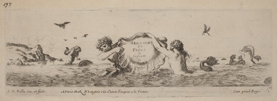 This is a drawing of mythical sea creatures in a marine landscape. The central figures are depicted as mythical beings, possibly mermen, with human torsos and fish-like tails, partially submerged in water. One figure prominently holds a large seashell with text written on it. Around them are various other marine creatures and features such as a distant rocky shore, birds flying in the sky, and waves creating a dynamic setting. The drawing is detailed in line work.