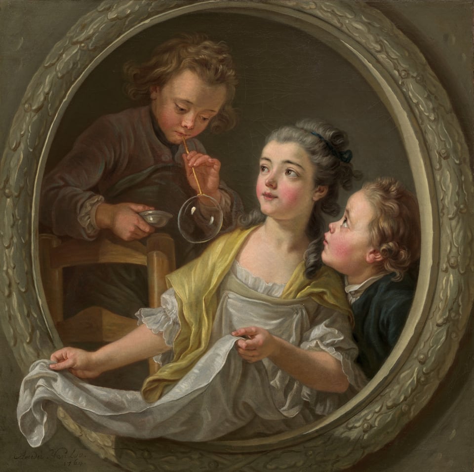 The painting depicts three children within an oval frame, their upper bodies visible. The central child, a young girl, is positioned with her body facing forward and her head turned slightly to the left. She has a fair complexion, with rosy cheeks, pink lips, and wide brown eyes. Her hair is gray and partially pulled back by a blue ribbon. She is dressed in a white garment with a yellow shawl draped over her shoulders. Her arms are outstretched, holding the ends of a cloth that has been pinned on her dress. Her arms and the cloth extend forward beyond the oval frame that encircles the trio, as if the frame is a window or porthole that she is reaching out of. On the right, a boy leans on the girl's shoulder, also facing to the left, seen in profile. He has light brown, curly hair and a fair complexion. He wears a dark blue-green jacket over a white collar, and he is looking upward towards the third child. On the left, another boy, who also has light skin and light brown curly hair, appears to stand on a chair above the other two children. He is holding a long yellow straw up to his lips. At the other end of the straw, a large bubble hangs over the white cloth that the girl holds out. In his other hand is a small white dish. He wears a muted brown outfit with a dark cloth wrapped around him. The background within the frame is plain gray, and the frame that surrounds the children is light gray and appears to be carved with leaf designs. Beyond the oval frame is gray.