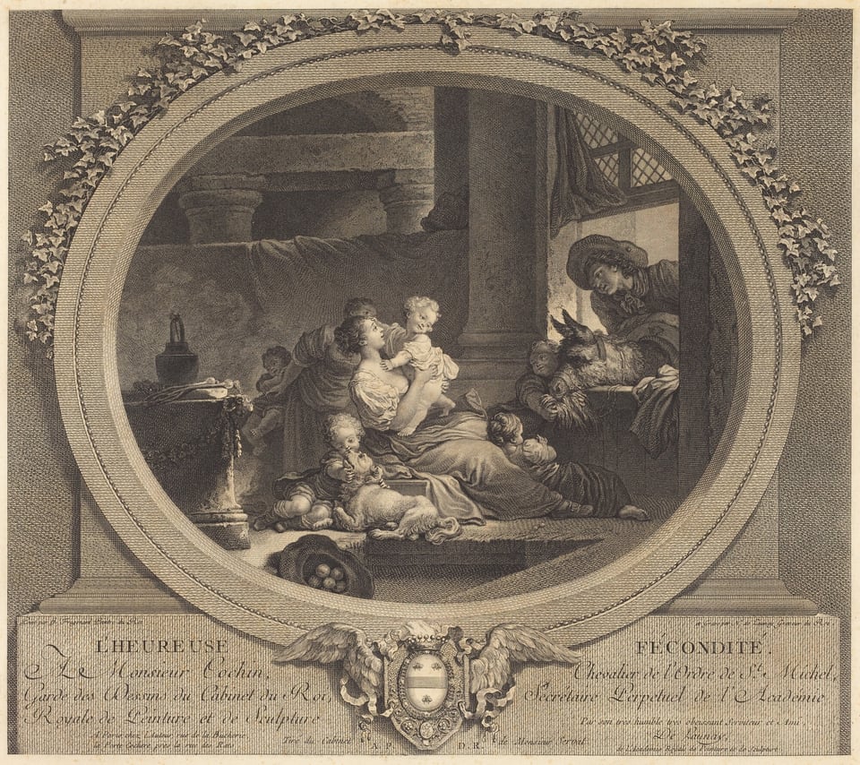 The engraving depicts a gathering around a woman holding a child in her arms in an indoor setting with stone columns and an arched background. Another woman is next to her, looking towards her while leaning over what appears to be a child or possibly a doll on a small donkey. Surrounding the central woman are several children, some seated and playing on the floor. A dog is resting at the central woman's feet. The image features lush drapery, creating a warm and intimate setting. The style suggests classical or historical fashion, and there is an ornate border with ivy leaves. The text and emblem below likely contain relevant inscriptions.