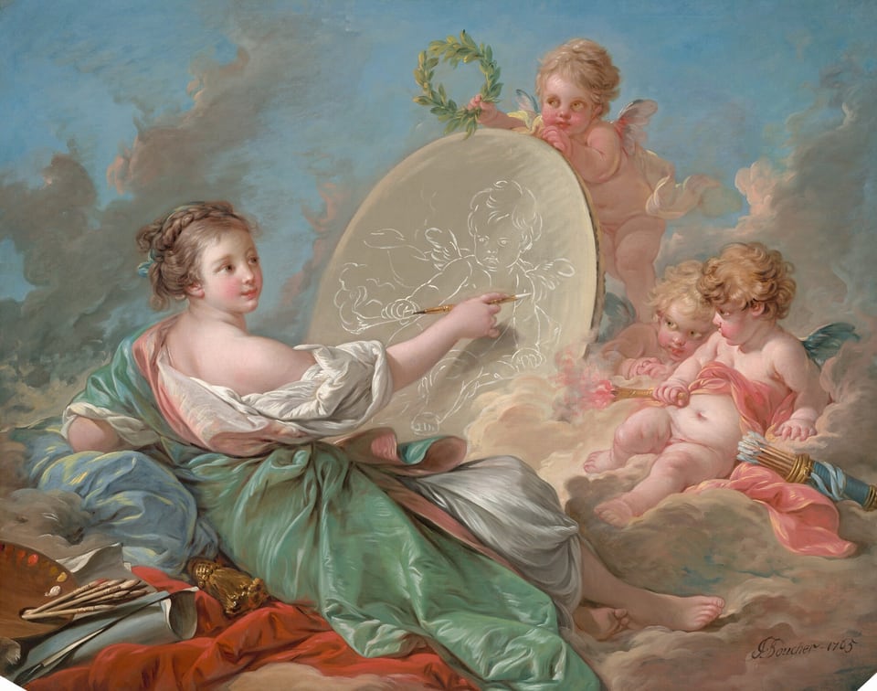 A young woman draws on an oval surface with white chalk while three winged, baby-like putti gather nearby, all on a bank of pale pink clouds in this horizontal painting. The woman and putti have pale, rosy skin, flushed cheeks, and hazel-brown eyes. To our left, the woman reclines with her upper body propped up on her far elbow, which rests on a steel-blue cushion as her legs stretch out to our right. Her light brown hair is braided and wrapped across the top of her head. She wears a loose, seafoam-green robe over a billowing ivory-white garment that has slipped off the shoulder closer to us. A round paint palette with brushes sticking out of its thumb hole and a roll of blue and white paper sit in the lower left corner, behind the woman. The woman and the objects are on a red cloth. In front of the woman is a rounded surface, perhaps a canvas, on which she draws. She holds up a gold-colored stylus with her right hand, closer to us, with a pointed piece of white chalk in one end and black chalk in the other. The canvas is taller than her head, so the child-like putto she draws on it is life-sized. The three nude putti on the far side of the canvas have copper or golden-blond, curly hair, flushed, rounded cheeks, short wings in white or peacock blue, pudgy torsos, and dimpled limbs. One putto, presumably the one the woman draws, sits back on the bank of clouds with a carnation-pink sash across his chest. He pulls his chin back and looks at her from under his eyebrows. He holds a gold-colored torch with a pink flame in one hand, and the other hand rests near a cylindrical quiver of arrows. Another putto peeks around the side of the canvas, and the third stands and props the canvas up. That third putto holds up a wreath of laurel leaves up over the canvas, above the woman’s drawing hand. The bank of clouds is parchment-brown with muted pink and blue highlights against a vivid blue sky. The artist signed and dated the lower right, “F Boucher – 1765.”