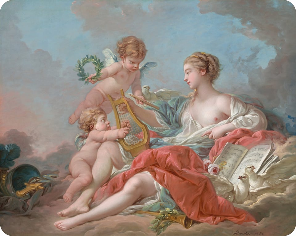 A woman wearing flowing, pastel-colored robes and two, winged, child-like putti gather on a bank of clouds among musical instruments and sheet music in this horizontal painting. The people all have pale, pink-tinged skin. The woman sits to our right of center, facing our left in profile. She has straight nose, a rounded chin, and her small, pink lips are closed. Her ash-blond hair is pulled back under a yellow band. A voluminous white robe falls away over her left shoulder, to our right, to reveal a firm breast and small pink nipple. Sky-blue drapery wraps over her far arm, and deep rose-pink cloth falls across her lap and onto the clouds around her. Her legs extend to our left, her toes pointed. She leans back on her left elbow, closer to us, and points with that index finger to a lyre she props against her knee with her other hand. One chubby, nude putto reaches forward to strum the strings. The other putto hovers above, holding a ring of laurel leaves up in one hand and a flute in the other. Both putti have chubby limbs and torsos, blond curls lifted as if in a breeze, and short, ice-blue wings. Both look at the woman. In the lower left corner, a helmet with a topaz-blue feather and the gold hilt of a sword sit near the woman’s feet. Beneath the woman’s lower leg, at the bottom center of the painting, is a gold horn encircled by another wreath of laurel leaves. Two white doves with wings spread support an open book of sheet music and two pink roses tucked under the woman’s bent elbow. Fog-gray clouds billow up both sides of the scene against a pale blue sky. The clouds on which the trio gathers are parchment brown shaded with mauve pink. The outer corners of the image are white, indicating that the corners of the canvas were rounded. The artist signed and dated the painting in the lower right corner, “F Boucher 1764.”